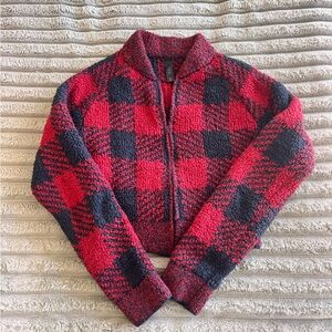 Skims Women's Cozy Knit Black & Red Plaid Zip Up Sherpa Jacket- S/M